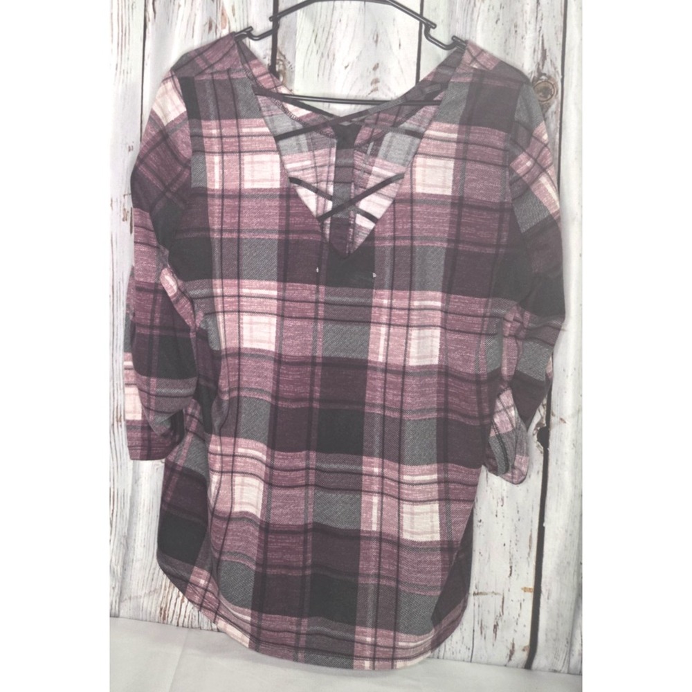 French Laundry Women's XL Burgundy Plaid Roll Tab Sleeve V-Neck Criss-Cross Back - Picture 6 of 6